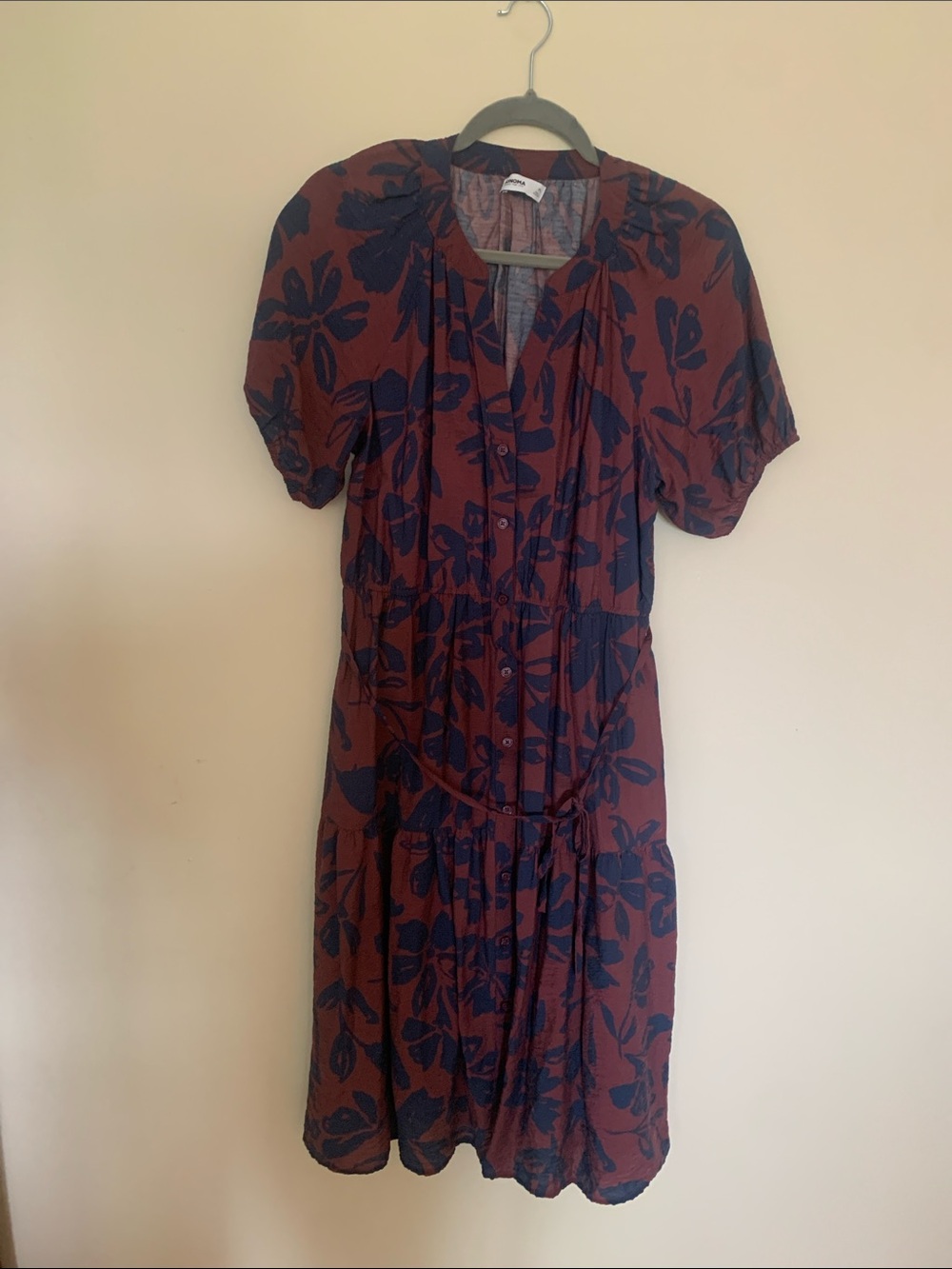 Sonoma Rust Dress with Navy Floral Print and Puff Sleeves